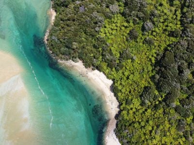 Aerial top view of Abel Tasman National Park, Nelson, South Island, New Zealand